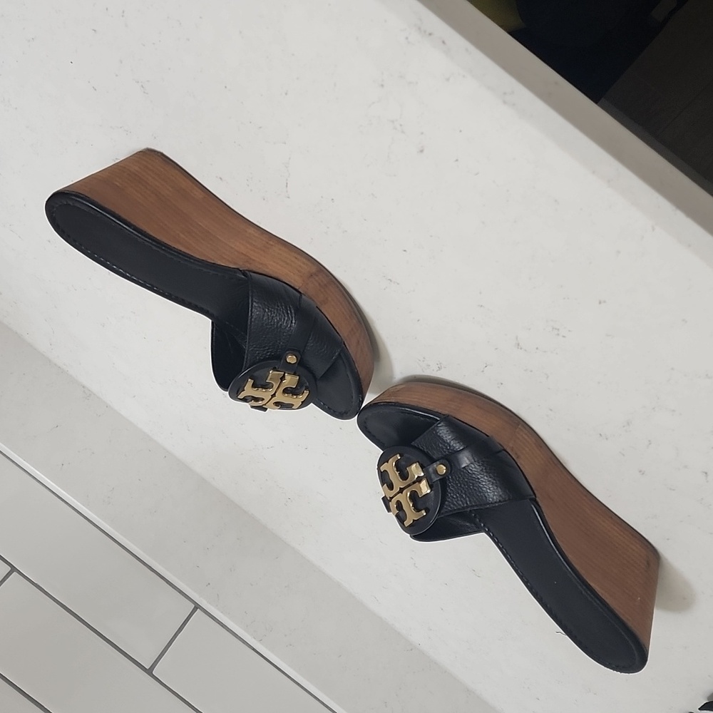 Tory Burch Black Wedges with Gold Logo - Picture 3 of 6